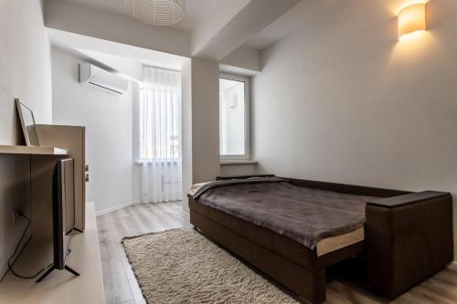 una camera con un grande letto e una televisione di Studio Dendrarium park a Chişinău