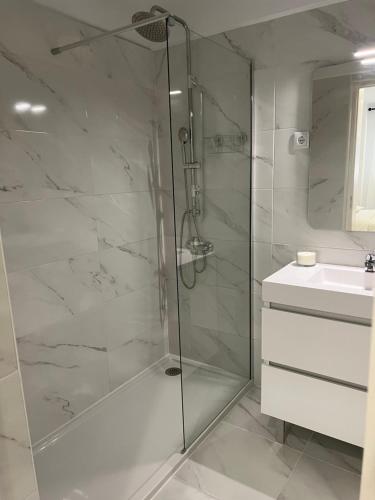 W łazience znajduje się prysznic i umywalka. w obiekcie Neptun guest house w mieście Queluz