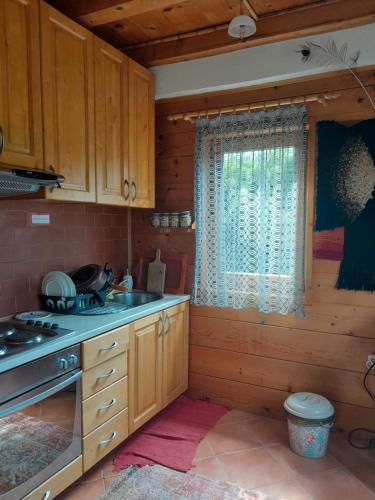 a kitchen with wooden cabinets and a sink and a window at River house - Riječna idila in Cazin