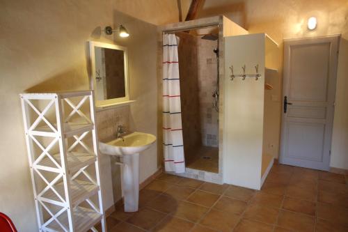 une salle de bain avec un lavabo et une douche dans l'établissement Vacances chez l'antiquaire 15 personnes 10 chambres, à Saint-Césaire-de-Gauzignan