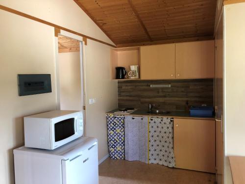 uma pequena cozinha com um micro-ondas em cima de um frigorífico em Résidence Les Chalets de Millau em Millau