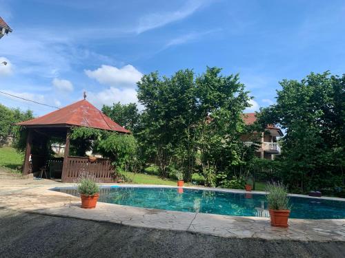 een zwembad in een tuin met een tuinhuisje bij Casa de pe lac Fedelesoiu , in Râmnicu Vâlcea