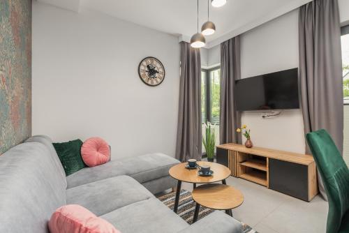 a living room with a gray couch and a tv at Luxurious Little Laguna Apartments SPA & Gym by Renters Prestige in Międzywodzie