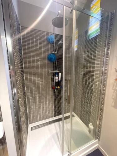 une douche avec une cabine en verre dans une salle de bain dans l'établissement T3 moderne et climatisé - Plages à pied - PARKING GRATUIT, à Vallauris