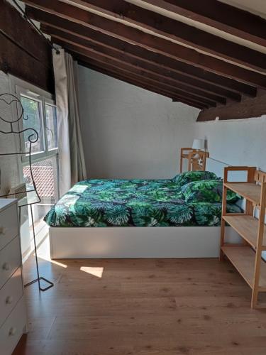 1 dormitorio con 1 cama con manta verde en Charming 48 m apartment in downtown Avignon, en Aviñón