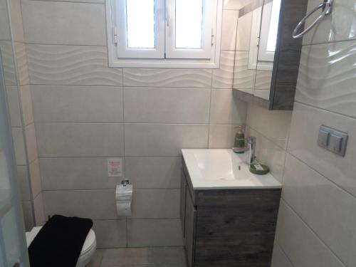 baño con lavabo y aseo y ventana en La casa di mezzo en Roda