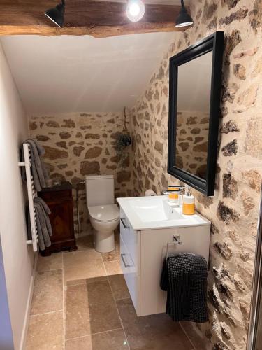 uma casa de banho com um WC, um lavatório e um espelho. em La Pêche em Piégut-Pluviers