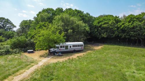 Ein weißer Bus parkt auf einem Feld neben Bäumen in der Unterkunft American School Bus Retreat with Hot Tub in Sussex Meadow in Uckfield