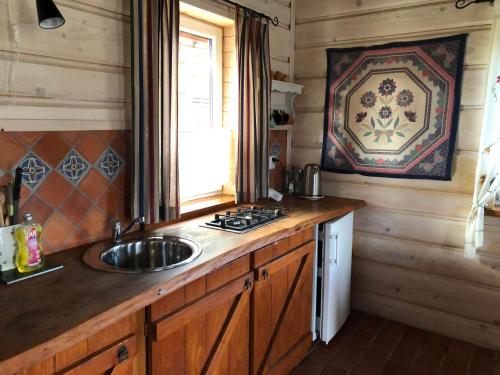eine Küche mit einer Spüle, einem Herd und einem Fenster in der Unterkunft Buczynowe Chaty in Wysowa-Zdrój