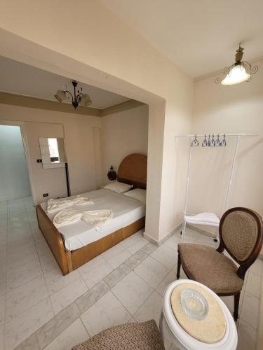 1 dormitorio con 1 cama, mesa y sillas en Serine Hostel en Alexandria