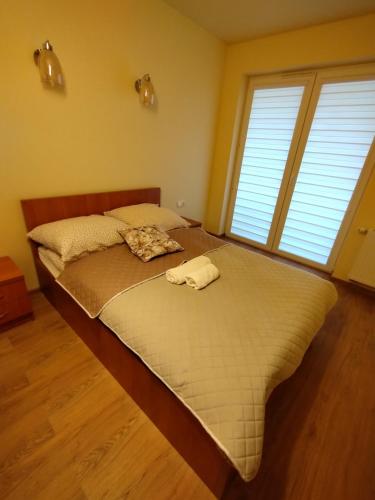 a large bed in a room with two windows at Apartament Emilia in Busko-Zdrój