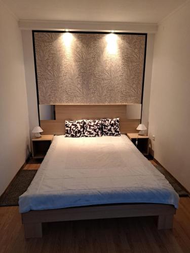 ein Schlafzimmer mit einem großen Bett in einem Zimmer in der Unterkunft Nefelejcs Vendégház in Balatonkenese