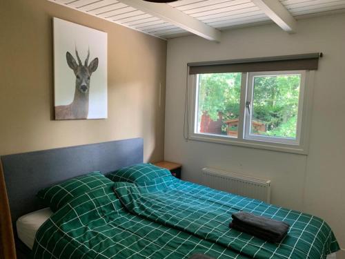 1 dormitorio con 1 cama con manta verde y una foto de ciervo en Vakantiehuis Veluws Genieten met whirlpool en sauna, en Doornspijk