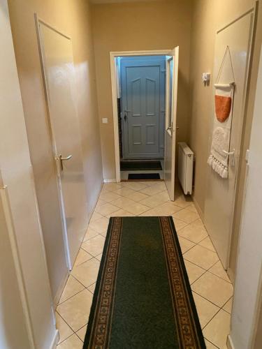 korytarz z niebieskimi drzwiami i zielonym dywanem w obiekcie Arsenal sorházi apartman w mieście Balatonfůzfő