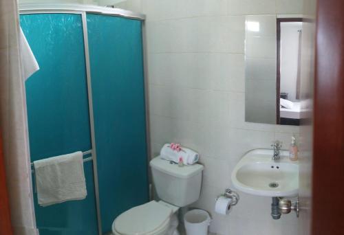 a bathroom with a shower and a toilet and a sink at APARTAESTUDIO SENDERO PRIMAVERA 2 in Neiva