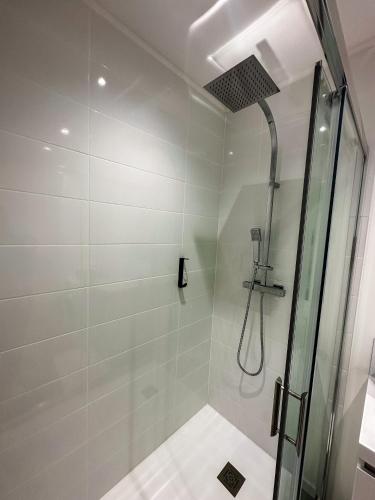 une salle de bain avec une douche avec une porte vitrée dans l'établissement El Rio Champenois, à Châlons-en-Champagne