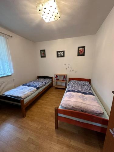 two beds in a bedroom with a chandelier at Domeček u Terčina Údolí in Nové Hrady