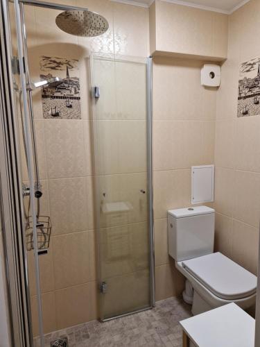 uma casa de banho com um WC e um chuveiro em Zauerveino apartamentai em Klaipėda