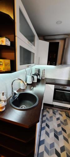 a kitchen counter with a sink and a microwave at Centrum Bridge Apartment in Pärnu