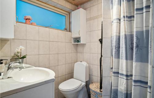 uma casa de banho com um WC, um lavatório e uma janela em Pet Friendly Home In Slagelse With House Sea View em Slagelse