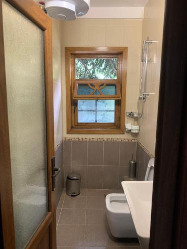 baño con lavabo y aseo y ventana en Fusha e Gjes Hotel, en Valbonë