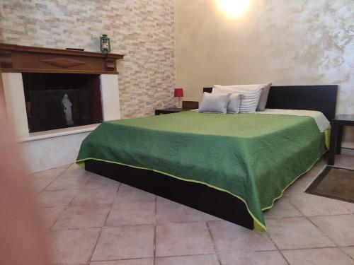 ein Schlafzimmer mit einem Bett mit einer grünen Decke und einem Kamin in der Unterkunft Dimora Guaceto in Brindisi