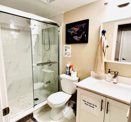 La salle de bains est pourvue d'une douche, de toilettes et d'un lavabo. dans l'établissement Home in Downtown, à Toronto