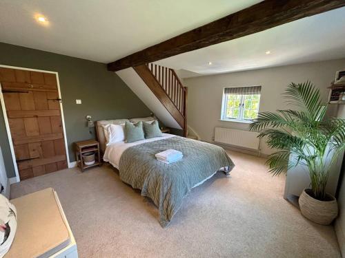 a bedroom with a bed and a plant in it at Charming 3-Bed Cottage near Chipping Norton in Chipping Norton
