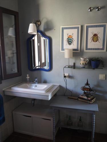 W łazience znajduje się umywalka i lustro. w obiekcie El Cañuelo de Casa Román w mieście El Castillo de las Guardas