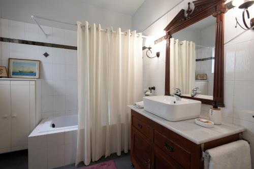 a bathroom with a sink and a shower curtain at Met & Kas corner spacious house with countryard in Volos