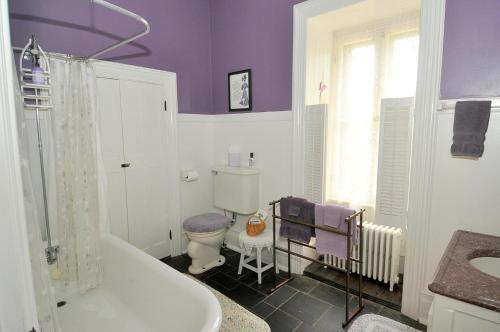 a bathroom with purple walls and a tub and a toilet at Manor at Berkeley Springs in Berkeley Springs