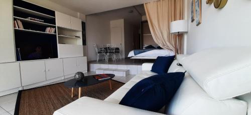 een woonkamer met een bank en een tv bij Front de mer Golfe de Saint-Tropez in Sainte-Maxime