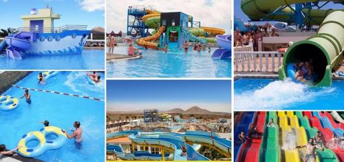 a collage of four pictures of a water park at El Pisito La Dolce Vita in Puerto del Carmen