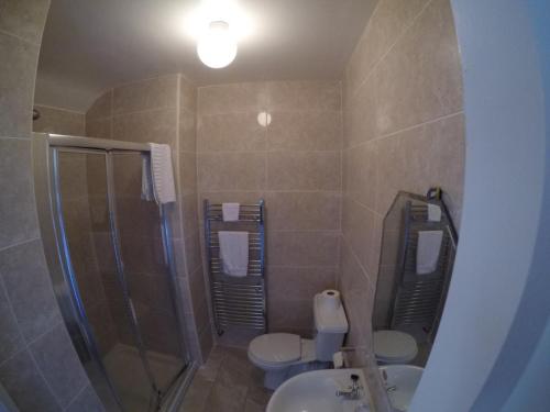 ein Badezimmer mit 2 WCs, einer Dusche und einem Waschbecken in der Unterkunft The Seaview Tavern in Ballygorman