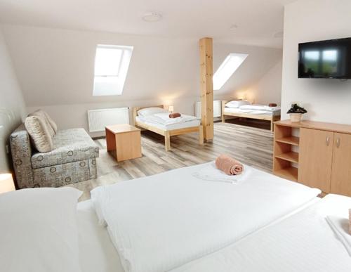 a large room with two beds and a tv at Penzion U Provazníka in Zdíkov