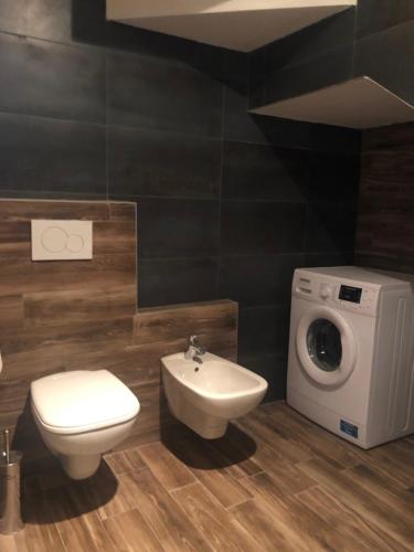 a bathroom with a toilet sink and a washing machine at VILLA LIDO - Lake Como in Colico