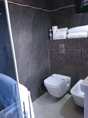 a bathroom with a toilet and a sink and towels at Lavender Hill Hvar Villa - pool, jacuzzi,sauna,BBQ in Stari Grad