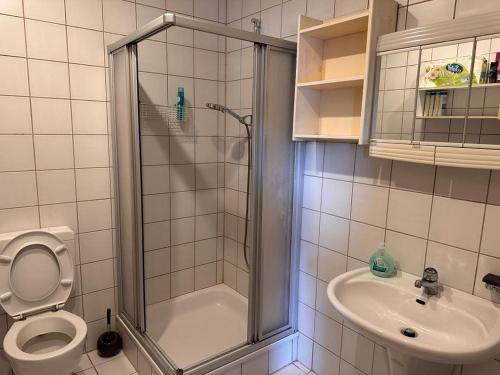 La salle de bains est pourvue d'une douche, de toilettes et d'un lavabo. dans l'établissement Familie Zimmer, à Löhne