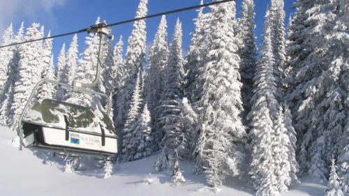 a ski lift with snow covered trees at Woodhaven #18 by Bear Country in Sun Peaks