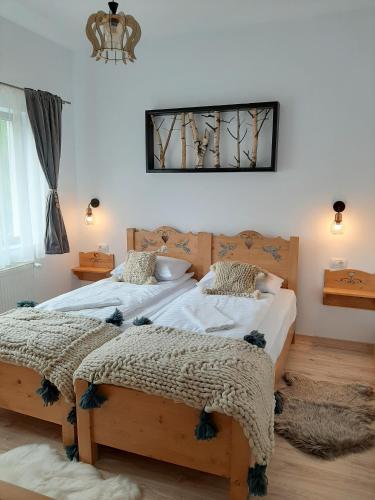 a bedroom with two beds and a mirror on the wall at Casa Phoenix in Băişoara