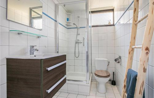 La salle de bains est pourvue de toilettes, d'un lavabo et d'une douche. dans l'établissement 2 Bedroom Nice Home In Scherpenisse, à Scherpenisse