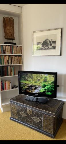 a television sitting on top of a chest in a living room at Die Landhausvilla in Unterach am Attersee in Unterach am Attersee