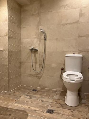 a bathroom with a shower and a toilet at Melofegaro Guesthouse in Palaios Panteleimon