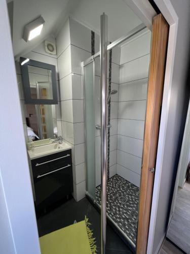 une douche avec une porte en verre dans une salle de bain dans l'établissement Les gites du Valjoly, à Touvent