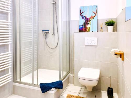 ein Bad mit einer Dusche und einem WC in der Unterkunft Gemütliche Ferienwohnung am Uniklinikum Leipzig -"Pauli" in Leipzig