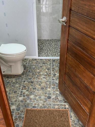 a bathroom with a toilet and a shower and a door at Casa Suites Minizoo in Puerto Escondido