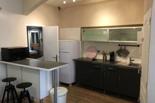 拉西約塔的住宿－Apartment between land and sea in La Ciotat，厨房配有黑色橱柜和白色冰箱。
