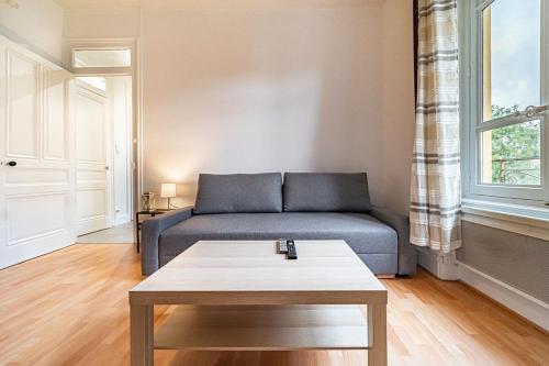 uma sala de estar com um sofá e uma mesa de centro em Chez Florence- cosy 2 pers-métro Grange Blanche em Lyon