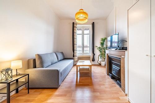 uma sala de estar com um sofá e uma televisão em Chez Florence- cosy 2 pers-métro Grange Blanche em Lyon