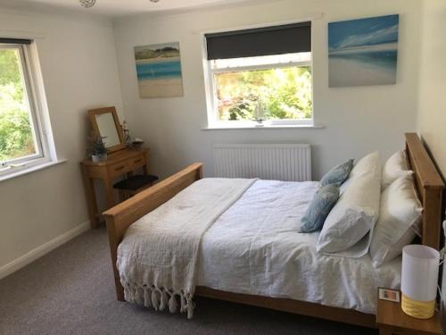 a bedroom with a bed and two windows at Seawinds in Ventnor